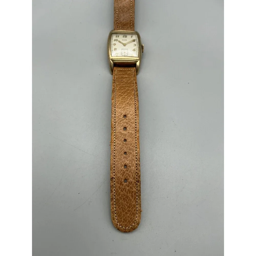 Vintage Elgin Tank Mens Watch 25mm Silver Gold Tone Brown Leather Manual Wind